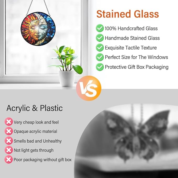 Sun and Moon Decor Suncatcher Stained Glass Window Hanging - Wall Art Stained Glass Suncatchers for Windows Hanging - Home Sun Catchers Indoor Window with Chain - Celestial Decor Gifts for Women Mom-VerdiqueGarden