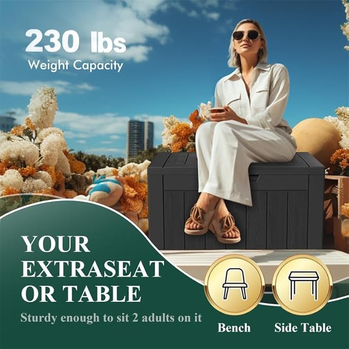 36 Gallon Outdoor Deck Box,Storage Lockable Waterproof Patio Furniture,Garden Tools,Cushions,Pool Accessories Outside Storage Resin Box(Black)-VerdiqueGarden