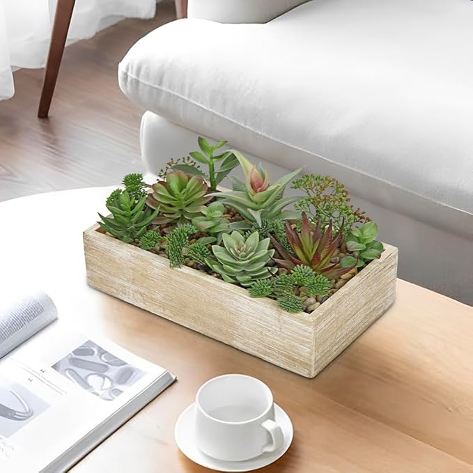 Artificial Succulent Plants in Pot 10 Inch Fake Succulent Arrangement Potted Succulents Plants Centerpiece in Rectangular Wooden Planter for Home Office Desk Shelf Living Room Bedroom Farmhouse Decor-VerdiqueGarden
