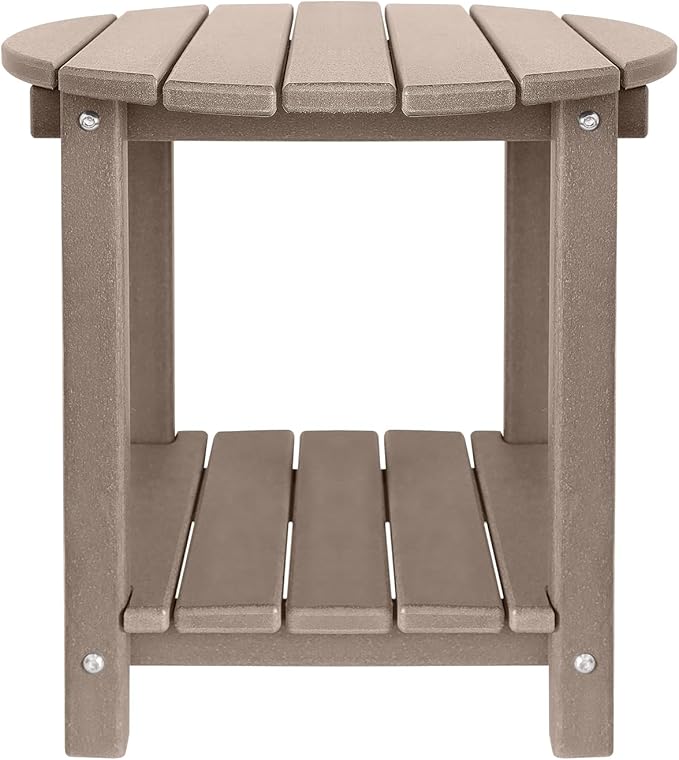 Adirondack Round Outdoor Side Table 2-Tier Storage Patio Side Table, HDPE End Tables for Backyard Pool Porch Garden Lawn (Teak)-VerdiqueGarden