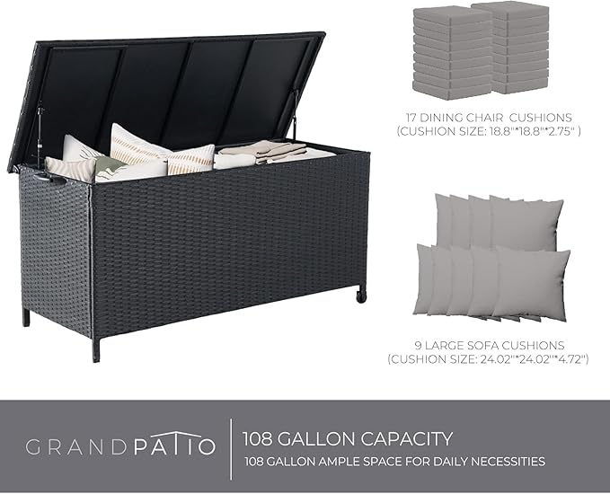 Grand patio 108 Gallon Deck Storage Box Indoor Outdoor Wicker Bin for Patio Furniture Cushions Garden Tools Pool Accessories, Black-VerdiqueGarden