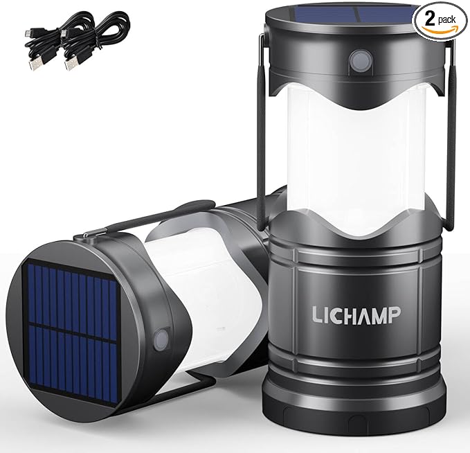 Lichamp 2-Pack Solar Camping Lantern, USB Rechargeable LED Lanterns Battery Powered Pop Up Flashlight Lamps with Three Modes Power for Power Outages Hurricane Supplies Emergency Indoor & Outdoor-VerdiqueGarden