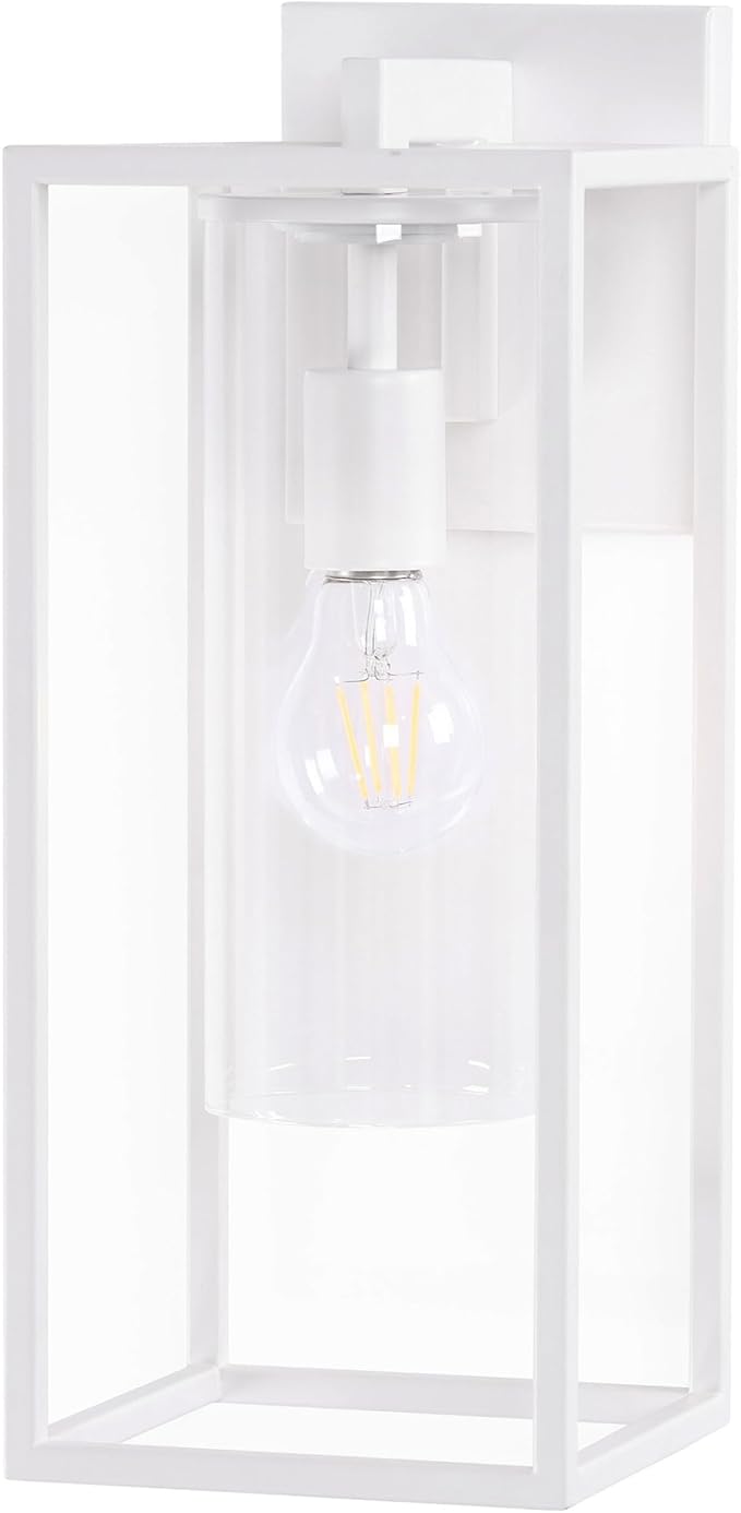 15.7 Inch Outdoor Wall Lights, Outdoor Wall Lantern with Circular Clear Glass Shade, Waterproof Exterior Lighting Fixtures, Modern Front Porch Lighting for House, Garage, E26 Base, ETL Listed, White-VerdiqueGarden