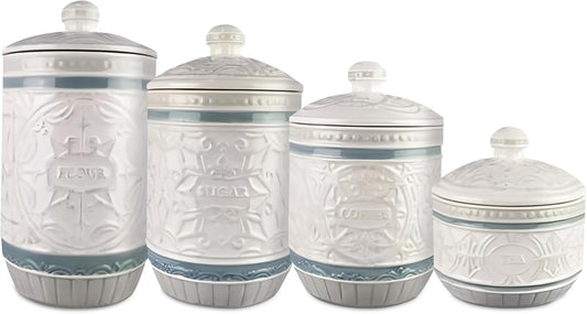 Young's Inc. 4 Pcs Set Casual Provincial Ceramic Canisters- Storage Container for Kitchen and Bathroom - Beautiful Home Decor Accent to Store Food, Coffee, Tea, and More - Green, White-VerdiqueGarden