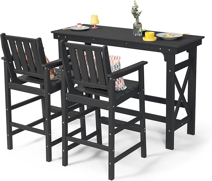 3 Pieces HDPE Outdoor Bar Table and Chairs Set, Tall Adirondack Chairs Set of 2 with Rectangular Bar Table, Patio Bar Stools Set, HDPE Outdoor Patio Bar Set for Balcony, Porch, Deck, Obsidian-VerdiqueGarden