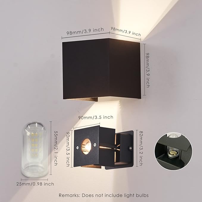 LANFU LED Aluminum Wall Lamp IP65 Waterproof, Black Modern Fashion Square Wall Lamp Wall Type Replaceable Bulb-VerdiqueGarden