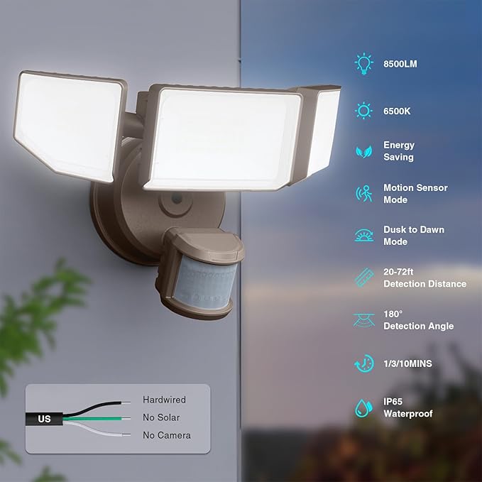 85W LED Security Lights Motion Sensor Light Outdoor, 8500LM Dusk to Dawn, IP65 Waterproof, 6500K, 3 Head Motion Detected Flood Light, Floodlight for Outside, Garage, Yard, Porch (Brown)-VerdiqueGarden