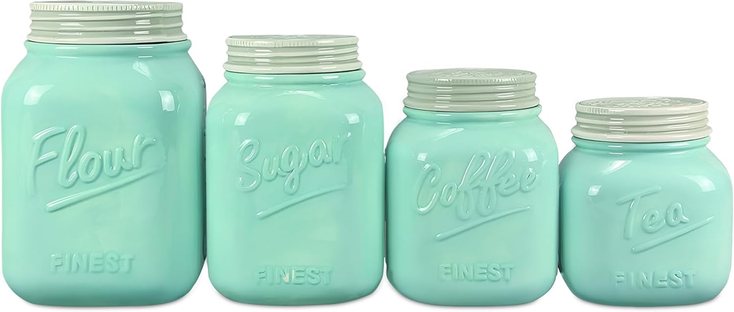Young's Inc. 4 Pcs Set Vintage Ceramic Canisters- Storage Container for Kitchen and Bathroom - Beautiful Home Decor Accent to Store Food, Coffee, Tea, and More - Sky Blue-VerdiqueGarden