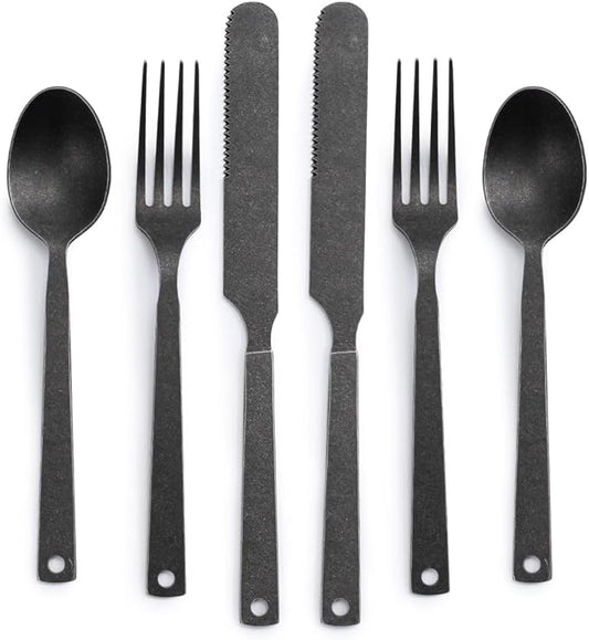 Barebones Flatware Silverware Set - Formal Camping Utensils - Stainless Steel Cutlery Set of 6 - Camping Utensil Set with Forks, Knives, and Spoons (Matte Black)-VerdiqueGarden