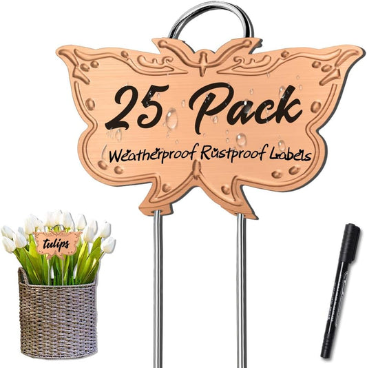 Metal Plant Labels, Tall Outdoor Butterfly Garden Markers for Flowers, Fruits and Vegetables, 304 Stainless Steel Weatherproof Signs (25 Packs, 4" x 2.3", Gold Butterfly Design)-VerdiqueGarden