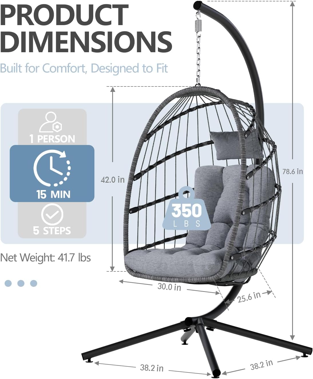 SWITTE Egg Chair Outdoor with Stand, Indoor Wicker Hanging Egg Swing Chair with Cushion, 350lbs Capacity for Patio, Bedroom, Garden - Light Grey-VerdiqueGarden