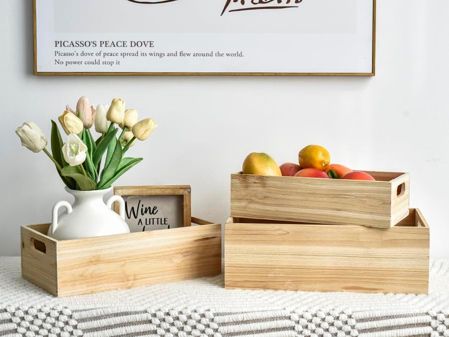 Set of 3 Wooden Boxes Unfinished for Storage Small Crates for Display and Organizing, Farmhouse Style Storage Boxes for Crafts, Decor, Home Pantry and Living Room-VerdiqueGarden