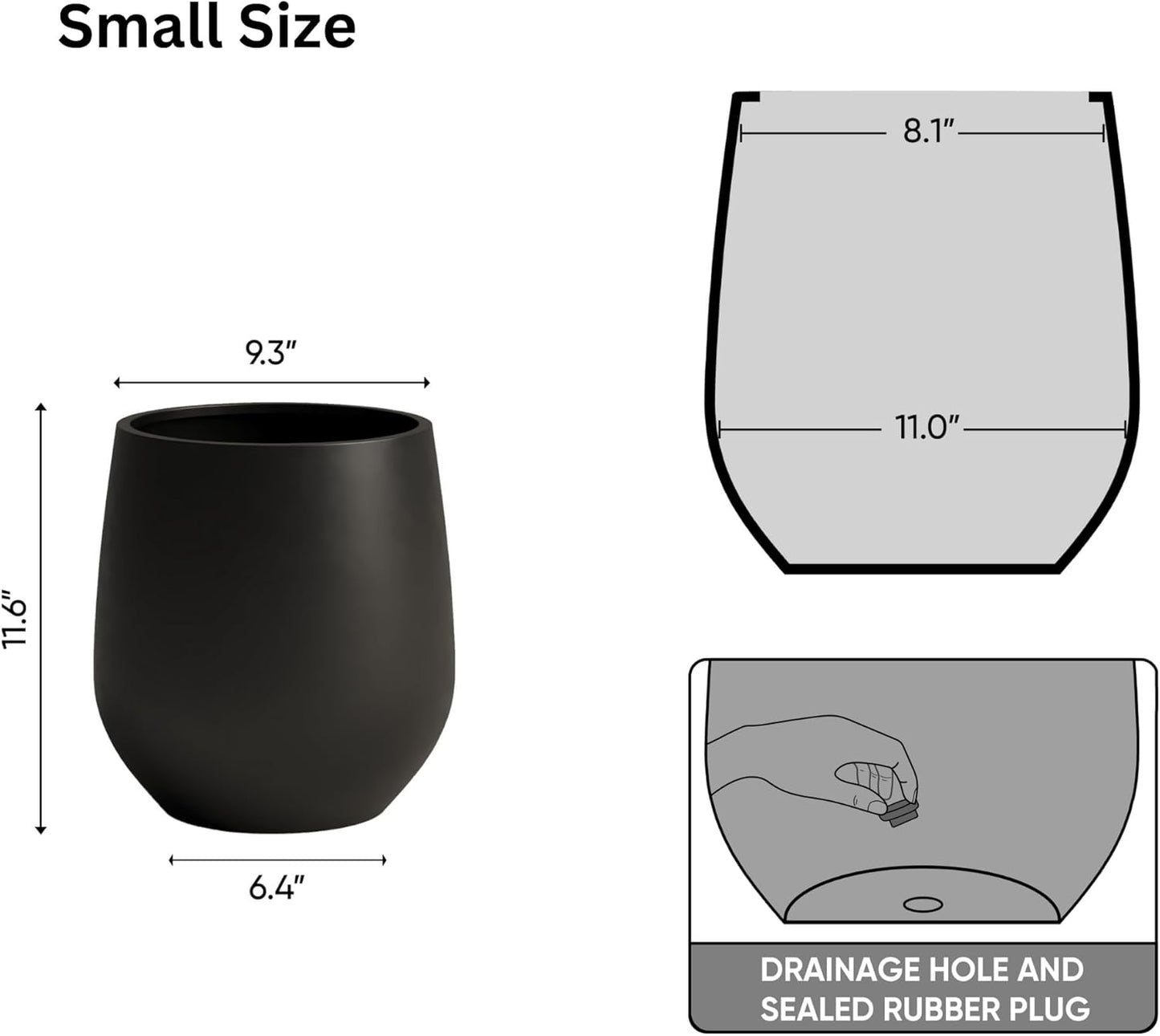 DTY Signature Mount Wilson Lightweight and Durable Modern Fiberstone Tapered Planter for Indoor Outdoor Drainage Hole & Rubber Plug Weather Resistant, 11.8" H x 11" Dia (8" Opening) - Small, Black-VerdiqueGarden