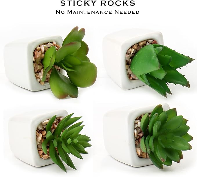 Hollyone Succulents Plants Artificial 4Pcs Small Fake Succulents in Pots Faux Plastic Potted Plants with White Ceramic Pot for Home Decor Office Desk Bathroom Shelf Indoor & Outdoor Decoration-VerdiqueGarden