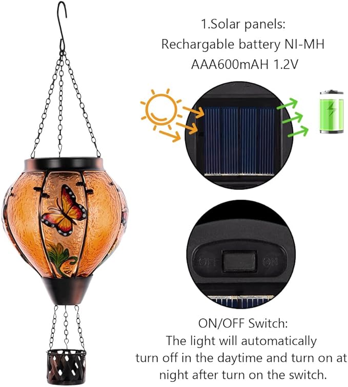 Starsoul Butterfly Hot Air Balloon Solar Lantern with Flickering Flame Light Glass Solar Powered Hot Air Balloon Lamp Waterproof Hanging Outdoor Solar Lantern for Yard Porch Backyard Decor-VerdiqueGarden