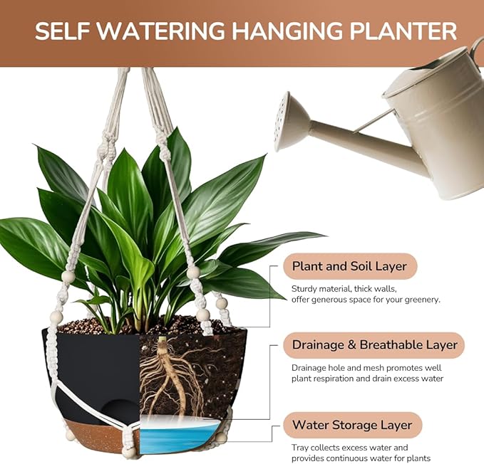 12 Inch Hanging Baskets for Plants Outdoor, Hanging Planters for Indoor Outdoor Plants, Hanging Planter with Self Watering, Hanging Flower Pots (Black Planter with Macrame + Iron Hangers)-VerdiqueGarden