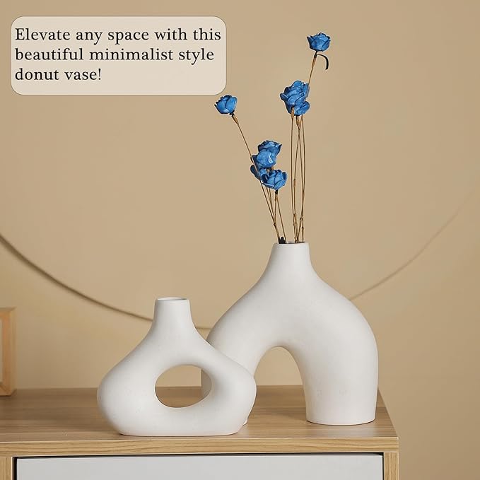 CEMABT White Ceramic Vase Set of 2 for Modern Minimalist Bohemian Decor，Round Matte Donut Vases for Pampas Grass-Perfect for Living Room, Dining Table, Office Bedroom Shelf Decor Entryway, Console-VerdiqueGarden