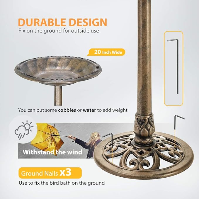 VIVOHOME 28 Inch Height Polyresin Lightweight Antique Outdoor Garden Bird Bath Copper-VerdiqueGarden