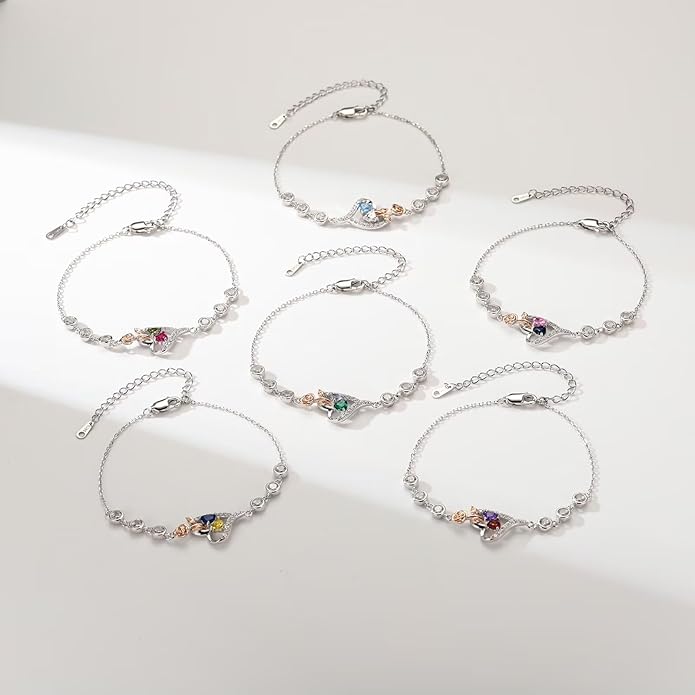 Iefil Valentines Day Gifts for Her - 925 Sterling Silver Rose Heart Birthstone Bracelets, Anniversary Birthday Gifts for Women Wife Mom Daughter, 6"+2"