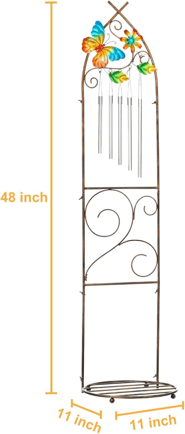 Garden Trellis with Plant Stands, 48” Metal Detachable Butterfly Plant Pot Trellis with Wind Chimes for Climbing Plants Outdoor Lawn Patio Porches Decor-VerdiqueGarden