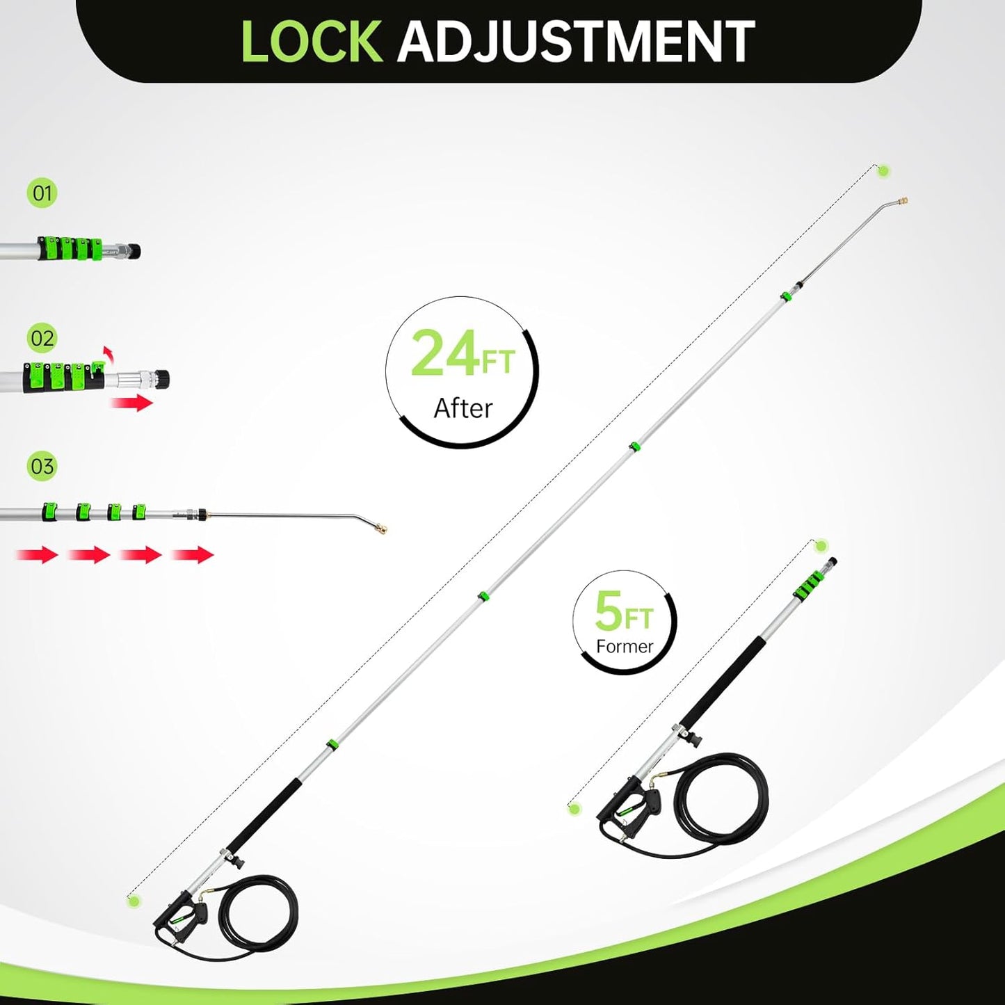Realyou 24 FT Pressure Washer Telescoping Wand with Pressure Washer Extension Wand, Gutter Cleaner Tool, 5 Spray Nozzle Tips, 2 Hose Adapters, Support Belt and Bursh Head-VerdiqueGarden