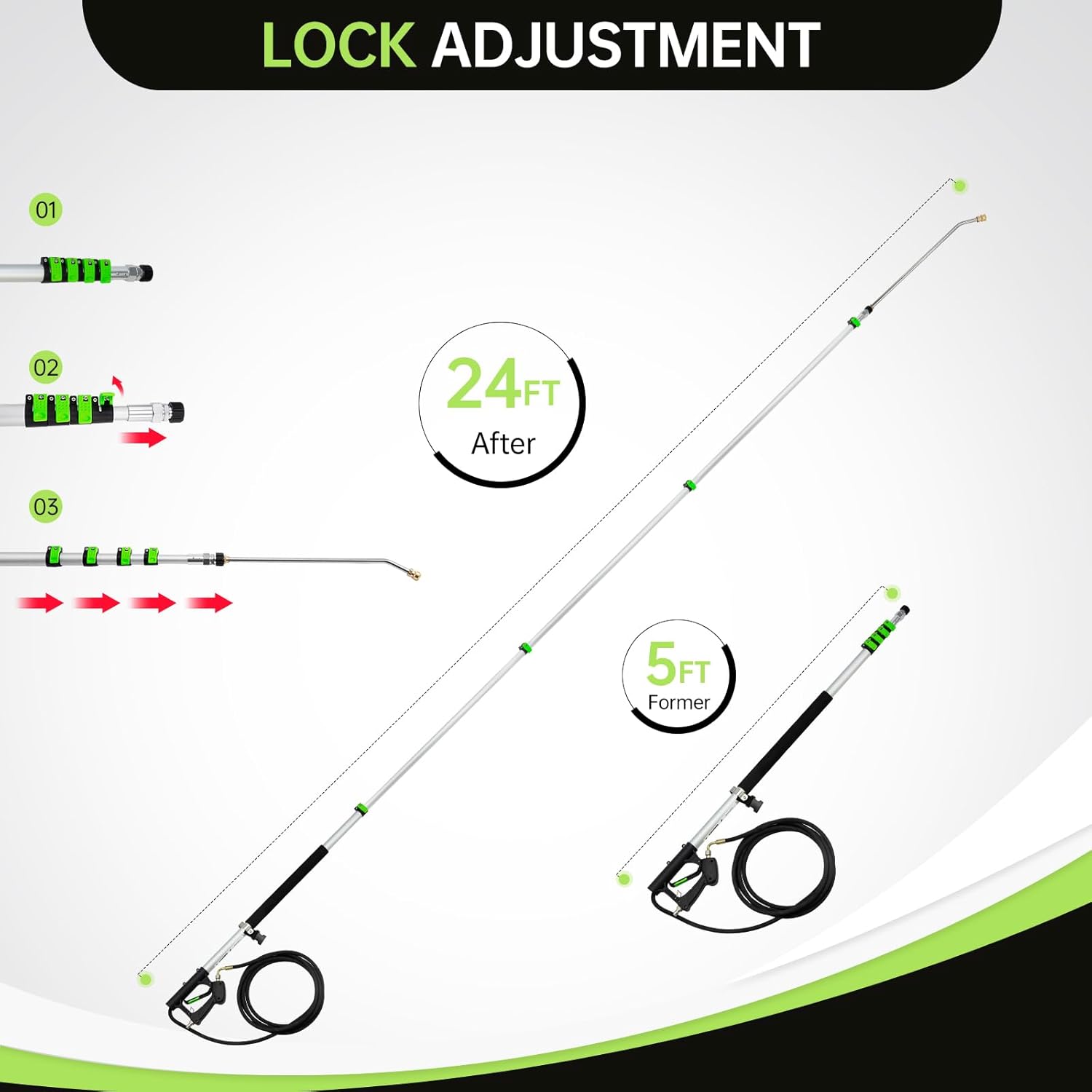 Realyou 24 FT Pressure Washer Telescoping Wand with Pressure Washer Extension Wand, Gutter Cleaner Tool, 5 Spray Nozzle Tips, 2 Hose Adapters, Support Belt and Bursh Head-VerdiqueGarden