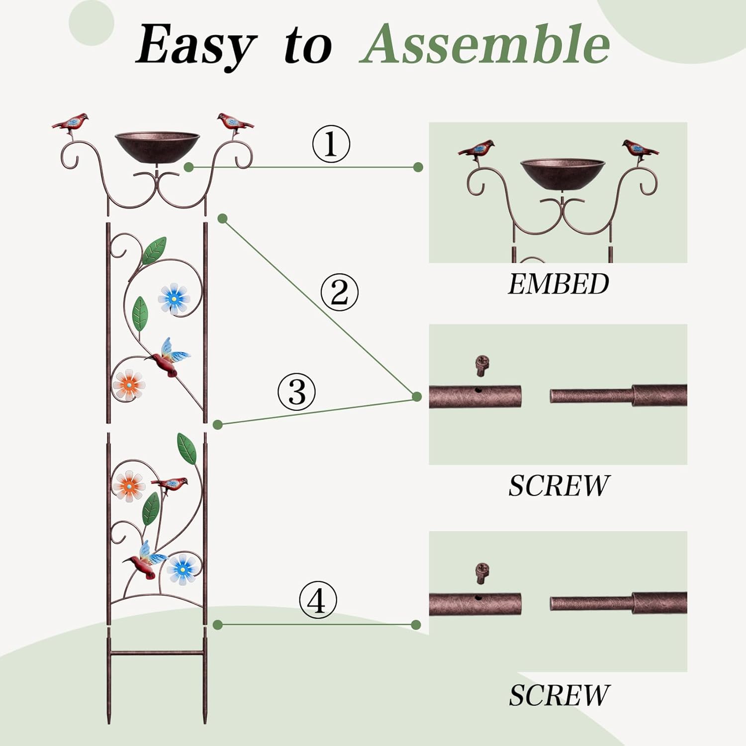 Bird Bath for Outside - Antique Iron Bird Bath with Trellis,Detachable Decorative Hummingbird Bowl,Metal Plant Support for Climbing Flowers,Elegant Outdoor Garden Feature (Hummingbird)-VerdiqueGarden