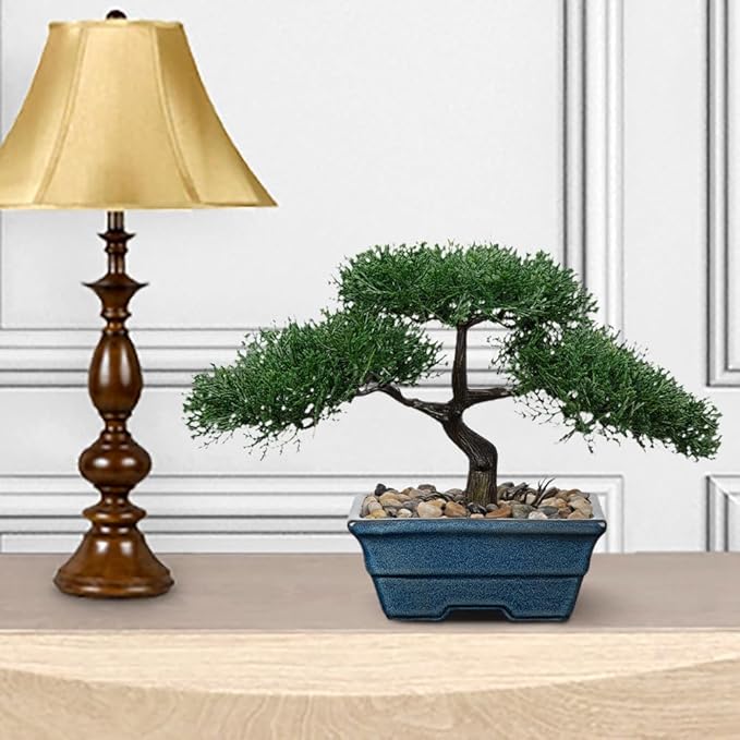 Artificial Bonsai Tree Juniper Faux Plants Indoor Fake Plants Decor with Blue Ceramic Pots for Home Table Office Desk Bathroom Shelf Bedroom Living Room Farmhouse Decorations-Pine-VerdiqueGarden