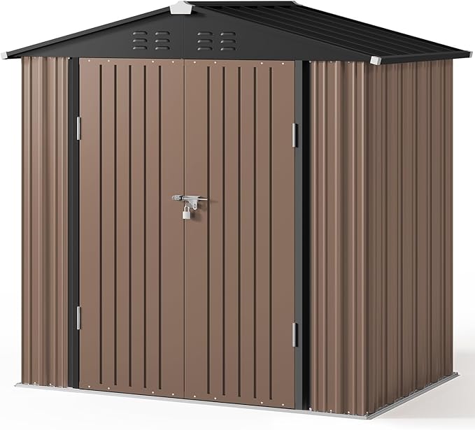 Gizoon Outdoor Storage Shed 6 x 4 FT, Galvanized Metal Garden Shed with Double Lockable Doors, Outdoor Storage Clearance for Backyard Patio Lawn-Light Brown-VerdiqueGarden