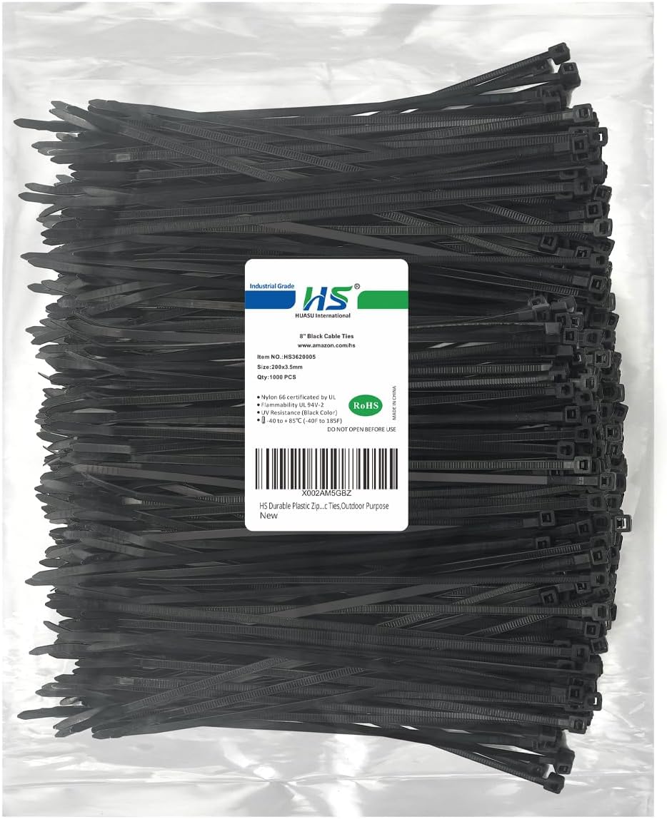 HS Durable Plastic Zip Ties 8 Inch (Bulk-1000 Pack) UV Rated Black Cable Ties 40 Lbs Self-Locking Wire Ties Width 1/8 Inch,Outdoor Purpose-VerdiqueGarden