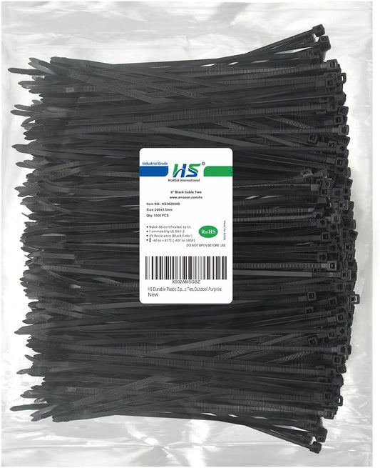 HS Durable Plastic Zip Ties 8 Inch (Bulk-1000 Pack) UV Rated Black Cable Ties 40 Lbs Self-Locking Wire Ties Width 1/8 Inch,Outdoor Purpose-VerdiqueGarden