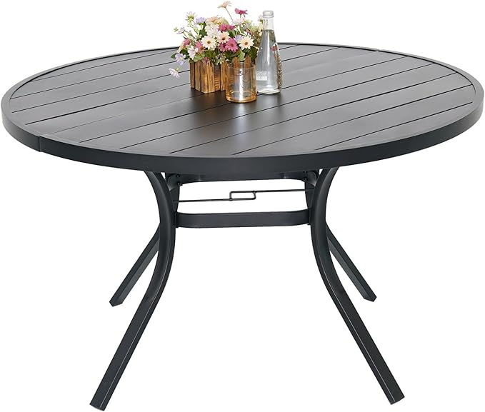 Round Outdoor Dining Table, 48-inch All-Weather Patio Table with Adjustable Umbrella Hole for Deck Lawn Garden Backyard Balcony Deck, Black Metal Frame Slatted Tabletop-VerdiqueGarden