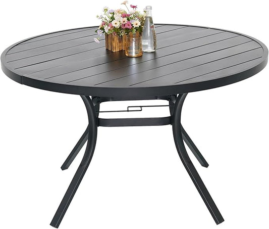 Round Outdoor Dining Table, 48-inch All-Weather Patio Table with Adjustable Umbrella Hole for Deck Lawn Garden Backyard Balcony Deck, Black Metal Frame Slatted Tabletop-VerdiqueGarden
