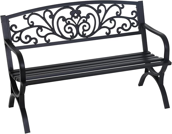 FDW Outdoor 50 Inches Garden Bench, Slatted Seat Armrests Floral Design Backres and Arch Legs, Perfect for Park, Yard, Porch, Lawn, Balcony, Backyard, Black-VerdiqueGarden