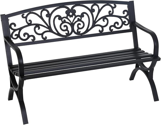 FDW Outdoor 50 Inches Garden Bench, Slatted Seat Armrests Floral Design Backres and Arch Legs, Perfect for Park, Yard, Porch, Lawn, Balcony, Backyard, Black-VerdiqueGarden
