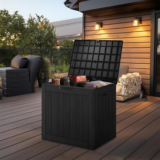 30 Gallon Resin Deck Box,Lockable Outdoor Storage Box for Patio Cushions Storage Furniture,Garden Tools,Pool Supplies, Weatherproof and UV Resistant- Black-VerdiqueGarden