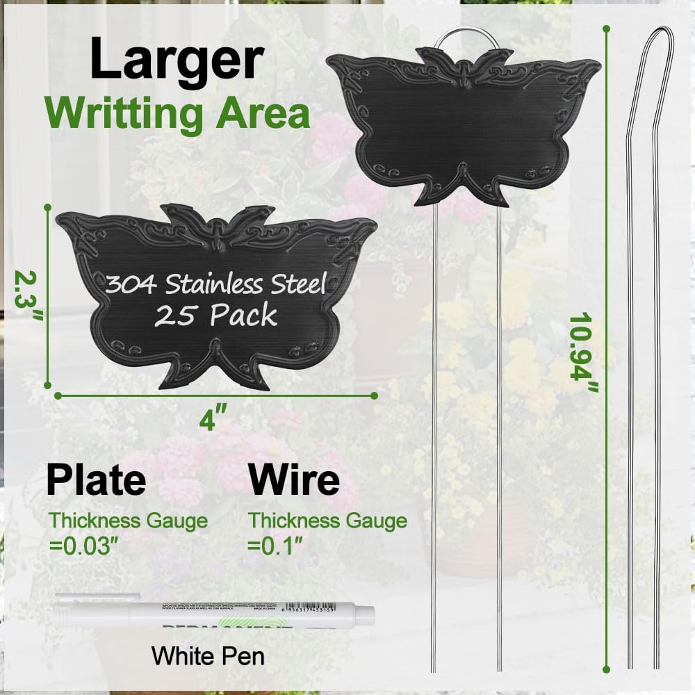 Metal Plant Labels, Tall Outdoor Butterfly Garden Markers for Flowers, Fruits and Vegetables, 304 Stainless Steel Weatherproof Signs (25 Packs, 4" x 2.3", Black Butterfly Design)-VerdiqueGarden