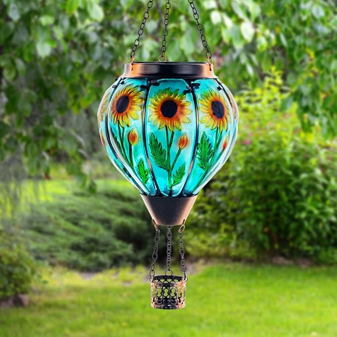 Starsoul Sunflower Hot Air Balloon Solar Lantern - Glass Outdoor Flickering Flame Light, Waterproof Hanging Lamp for Garden, Patio, Yard, Party Decor-VerdiqueGarden
