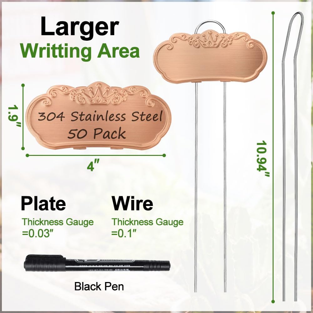 50 Packs Metal Plant Labels, Tall Outdoor Garden Markers for Flowers, Fruits and Vegetables, 304 Stainless Steel Weatherproof Signs (4" x 1.9", Gold)-VerdiqueGarden