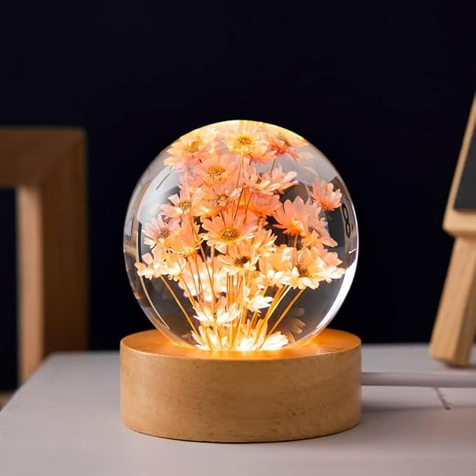 Flower Crystal Ball Night Light,2.4 inch Glass Ball Night Lamp with Woodern Base (Red Daisy)-VerdiqueGarden