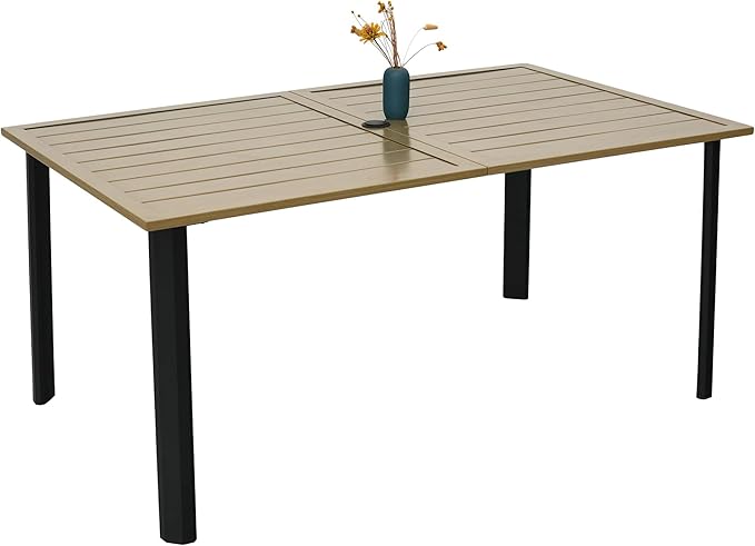 Outdoor Patio Table for 6 Person, Patio Dining Rectangle Table with 1.57" Umbrella Hole for Garden Lawn Backyard Parties, Black Metal Frame 63" L x 38" W x 29" H Brown-VerdiqueGarden