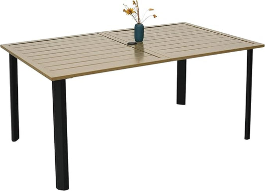 Outdoor Patio Table for 6 Person, Patio Dining Rectangle Table with 1.57" Umbrella Hole for Garden Lawn Backyard Parties, Black Metal Frame 63" L x 38" W x 29" H Brown-VerdiqueGarden