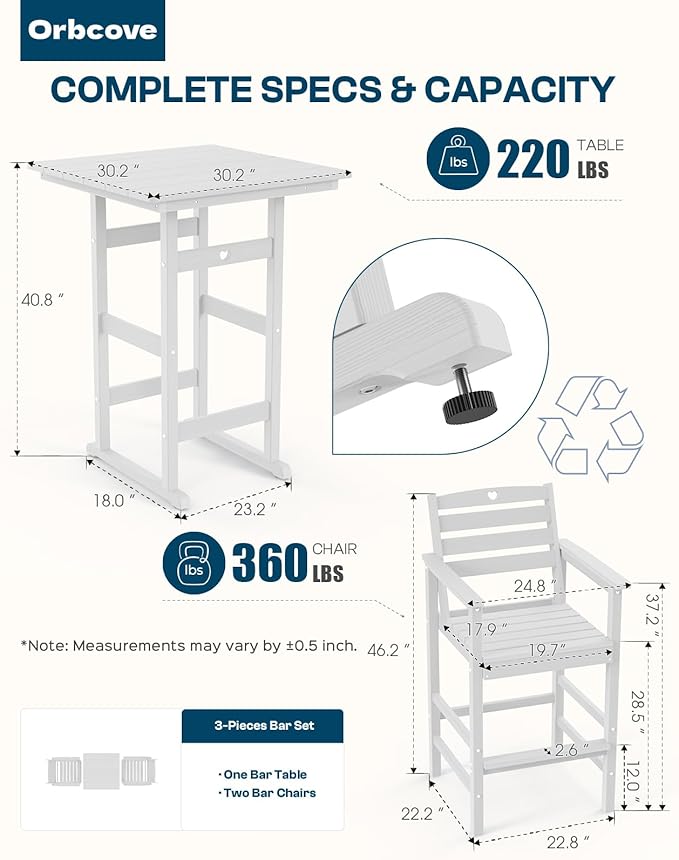 5-Piece Bar Height Patio Table and Chairs Set, HDPE Wood Grain Outdoor Bar Table and Chairs with Heart Cutout Design, Weather-Resistant Bar Height Furniture for Deck, Porch, Pool (White)-VerdiqueGarden