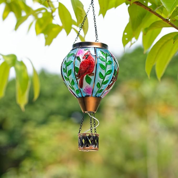 Starsoul Cardinal Hot Air Balloon Solar Flickering Flame with Candle Holder Outdoor Solar Lantern Hot Air Balloon Solar Light Waterproof Hanging Solar Balloon Lamp Garden Patio Yard Decor-VerdiqueGarden
