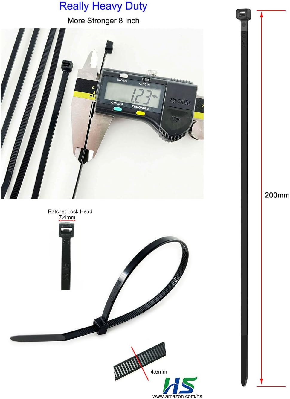 HS Strong Medium Zip Ties 8 Inch x 3/16" UV Rated Black 100 PCS Cable Zipties 50 Pounds Heavy Duty Self-Locking Strap Ties Automotive,Outdoor Fence Purpose-VerdiqueGarden