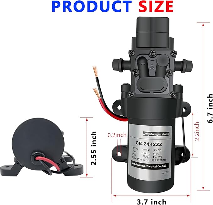 DC 12V Diaphragm Pump, Self-Priming Sprayer Pump, 1.2 GPM 87 PSI Pressure Switch Adjustable water pump, With 2 hose clamps, for RV Camping Shower Garden Irrigation-VerdiqueGarden