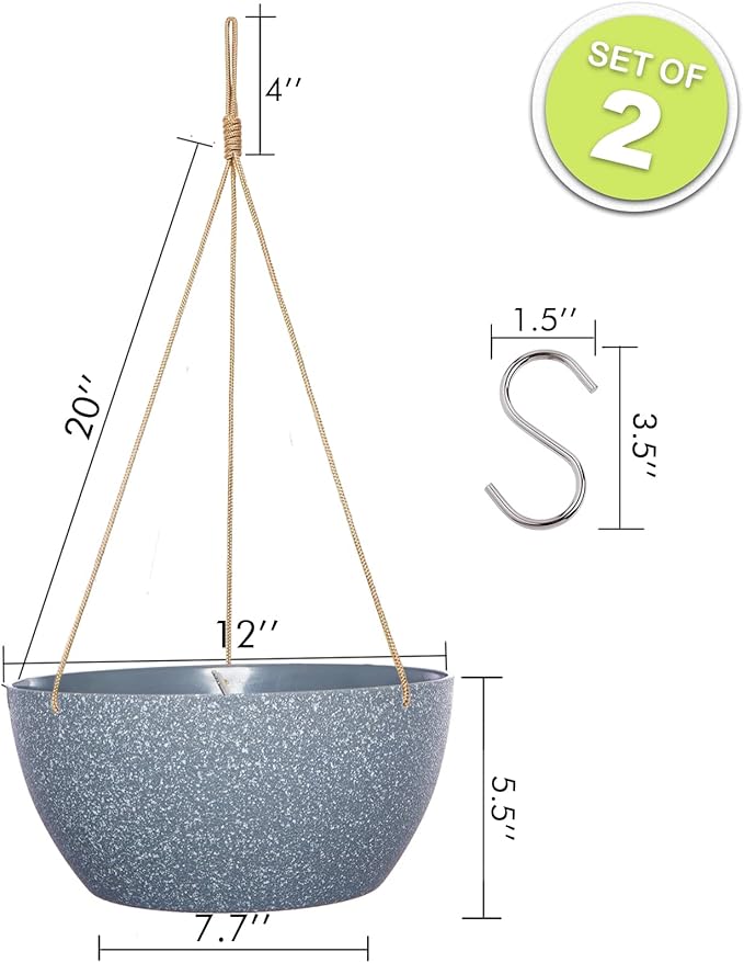 12 Inch 2 Pack Large Hanging Planters for Indoor Outdoor Plants, Plastic Hanging Basket Pots for House Plants Flowers, Grey-VerdiqueGarden