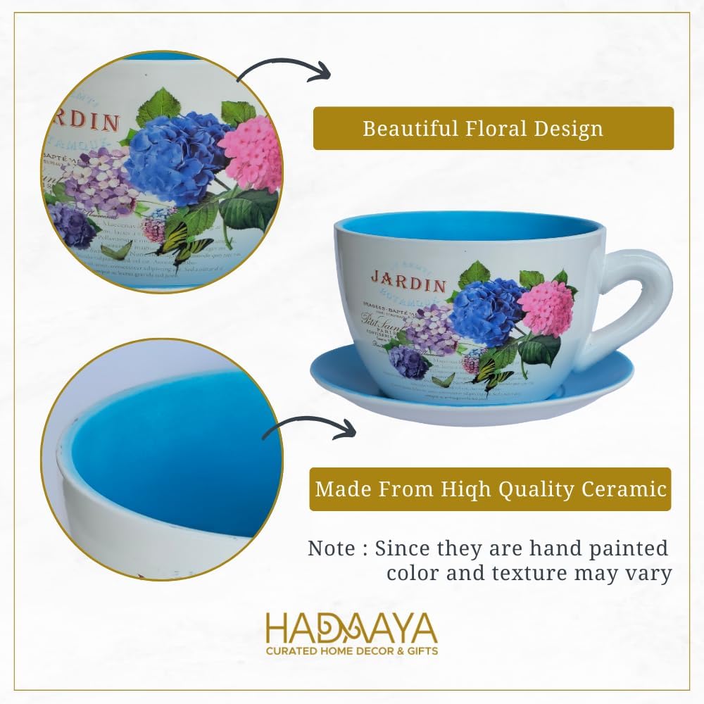 7.5" Ceramic Teacup Planter Pot with Saucer | Ideal for Succulents, Orchids, Herbs & Flowers | Indoor Use| Thoughtful Gift for Birthday, Gift Basket, Sympathy & More – Blue Hydrangea Jardin-VerdiqueGarden