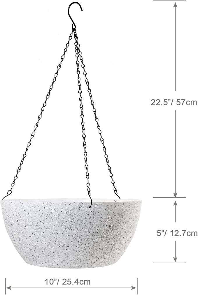 10 inch Hanging Planters for Outdoor Indoor Plants with Drainage Holes and Chain, 2 Pack Round Hanging Flower Plant Pots for Garden Home Porch Decor, Speckled White-VerdiqueGarden