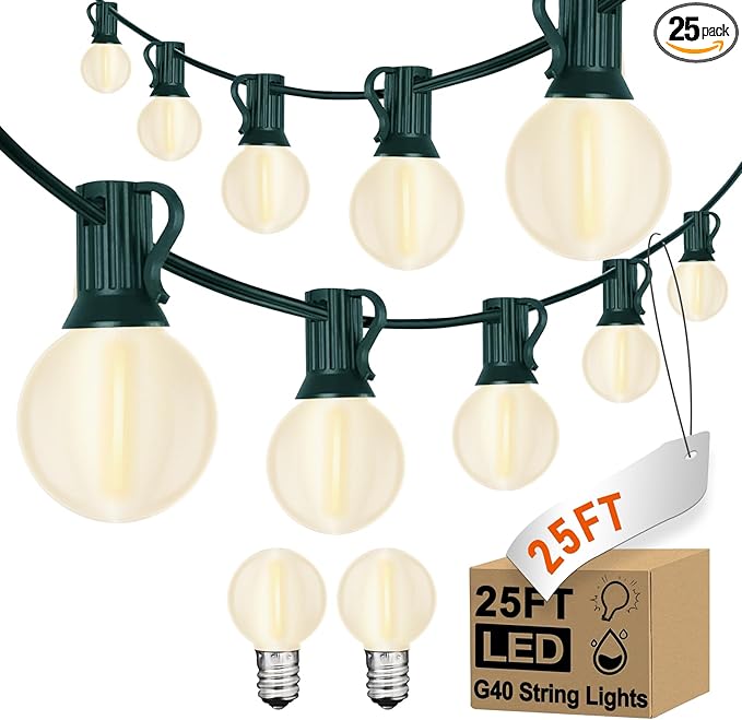 25ft Outdoor Christmas LED String Lights,G40 Frosted White Globe Lights with 27pcs Plastic Bulbs,Round Bulb Christmas Lights for Indoor/Outdoor Wedding Backyard Cafe Garden Christmas Decor-VerdiqueGarden